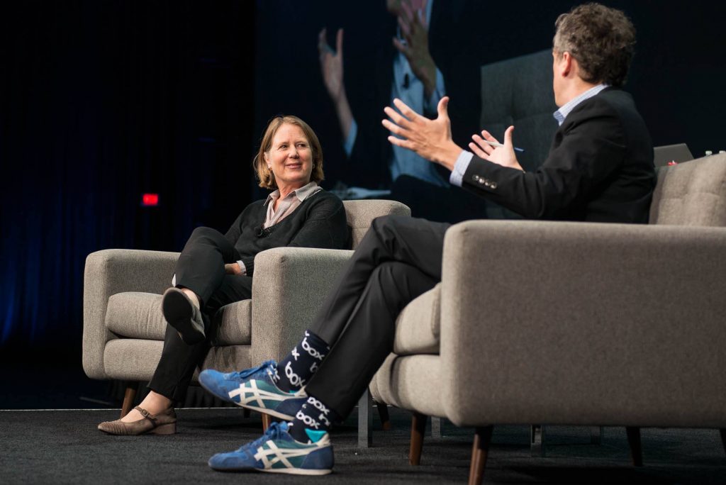 Diane Green stellt mit Aaron Levie die Kooperation von Google und Box vor