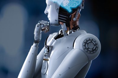 Ein Roboter mit Künstlicher Intelligenz hat die Hand nachdenklich am Kinn