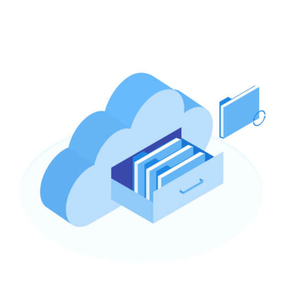 Cloud Storage dargestellt als eine Wolke mit einer Schublade voller Datenblätter