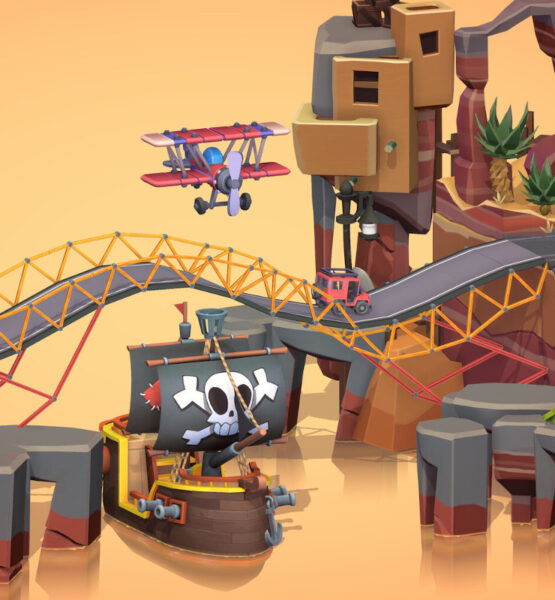 eine wellige Brücke im Spiel Poly Bridge, unter dem ein Piratenschiff fährt, über der ein Flugzeug fliegt und auf der ein Auto fährt.
