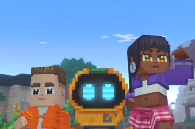 Screenshot aus dem Spiel Biomes, dass die blockartigen Figuren zweier menschlicher Figuren und eine Art schwebenden Roboter zeigt.