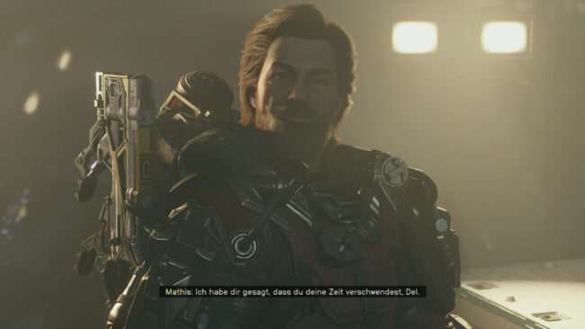 Gespräch mit einem Charakter namens Mathis. Dieser spricht gerade zu einer anderen Person: "Ich habe dir gesagt, dass du deine Zeit verschwendest, Del."