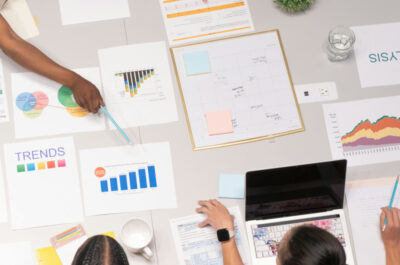 Alt-Text 3: Vogelperspektive auf einen Arbeitstisch, an dem vier Personen sitzen und sich über Marketingmaterialien beugen, die auf dem Tisch ausgebreitet sind. Zu den Materialien gehören Diagramme, Graphen und strategische Dokumente, die auf eine Planungssitzung oder eine Marketinganalyse hinweisen.