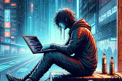 Ein desillusionierter Programmierer sitzt arbeitslos auf einer Straße in einem Cyberpunk-Setting. Die Szene ist dunkel und düster, beleuchtet von grellen Neonlichtern. Futuristische Gebäude und Technologie umgeben ihn, während er erschöpft und verloren wirkt. Die Atmosphäre verbindet High-Tech-Elemente mit urbanem Verfall, was eine dystopische Zukunftsvision vermittelt.
