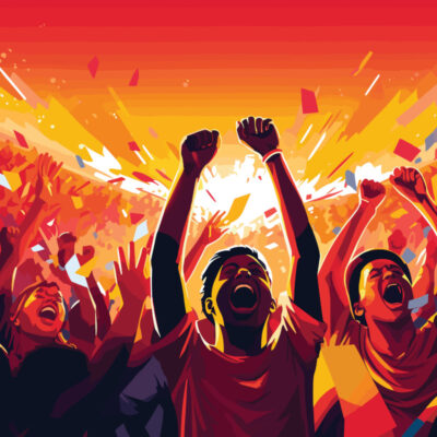 Ein lebendiges, farbenfrohes Bild zeigt eine jubelnde Menschenmenge bei einer Fußball-EM. Die Szene ist in kräftigen Rot-, Gelb- und Orangetönen gehalten, und die Menschen heben ihre Arme in die Luft und feiern ausgelassen. Konfetti und Lichtstrahlen verstärken die festliche Atmosphäre.