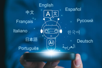 "Eine Person hält ein Smartphone in der Hand, aus dem ein holografischer Chatbot erscheint. Um den Chatbot herum sind die Namen verschiedener Sprachen, wie Englisch, Spanisch, Deutsch, Französisch, Russisch und andere, angezeigt.