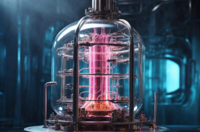 Ein futuristischer Quantencomputer in einem hochmodernen Labor. Der Quantenprozessor ist in einer gläsernen Kuppel untergebracht, umgeben von komplexen metallischen Strukturen, Röhren und Kühlungssystemen.