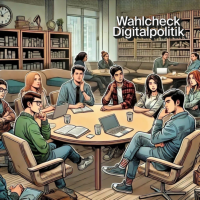 Eine digitale Illustration zeigt eine Gruppe junger Menschen, die in einer Bibliothek oder einem Seminarraum um einen runden Tisch sitzen. Sie wirken konzentriert und diskutieren, einige haben Laptops und Notizbücher vor sich. Im Hintergrund sind Bücherregale und weitere Personen an Tischen zu sehen. Oben rechts steht der Text „Wahlcheck Digitalpolitik“ in einer schwarzen, leicht versetzten Schrift mit Schatteneffekt. Die Szene vermittelt eine nachdenkliche, akademische Atmosphäre.