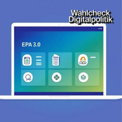 Ein Laptop mit einem geöffneten Bildschirm zeigt eine Benutzeroberfläche einer Software namens "EPA 3.0". Die Oberfläche besteht aus sechs quadratischen Symbolen mit verschiedenen medizinischen und administrativen Symbolen, darunter eine Lupe, ein Dokument, ein Arztprofil und ein Kreuzsymbol. Der Hintergrund ist blau-gradiert, und das Design wirkt modern und minimalistisch.