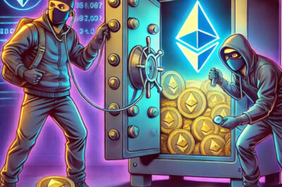Maskierte Cyberkriminelle brechen in einen digitalen Tresor ein, der mit leuchtenden Ethereum-Münzen gefüllt ist.