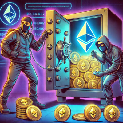 Maskierte Cyberkriminelle brechen in einen digitalen Tresor ein, der mit leuchtenden Ethereum-Münzen gefüllt ist.