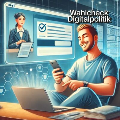 Eine moderne Illustration zur digitalen Verwaltung. Ein glücklicher Bürger sitzt zu Hause und nutzt einen Laptop oder ein Smartphone, um ein Online-Formular auszufüllen und abzusenden. Im Hintergrund bearbeitet ein Verwaltungsmitarbeiter Anträge auf einem futuristischen digitalen Interface.
