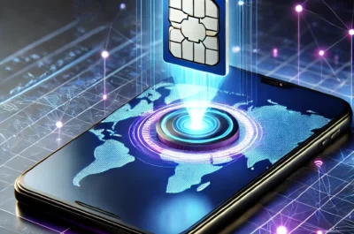 Ein modernes Smartphone mit einem schwebenden digitalen eSIM-Chip über dem Display. Der Chip leuchtet in Blau und Violett und wird durch Lichtstrahlen mit dem Gerät verbunden. Auf dem Bildschirm ist eine stilisierte Weltkarte mit vernetzten Punkten zu sehen, die globale Konnektivität symbolisiert. Der Hintergrund zeigt ein futuristisches, technisches Design mit digitalen Linien und Lichtpunkten.