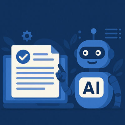 Illustration eines freundlichen blauen Roboters mit der Aufschrift „AI“ auf der Brust, der auf ein digitales Dokument mit Häkchensymbol zeigt. Im Hintergrund ist ein geöffneter Laptop zu sehen, umgeben von stilisierten Blättern und grafischen Elementen wie einem Zahnrad und Linien, die digitale Prozesse symbolisieren. Die Szenerie ist in verschiedenen Blautönen gehalten und vermittelt den Einsatz künstlicher Intelligenz für Dokumentation oder Protokollierung.
