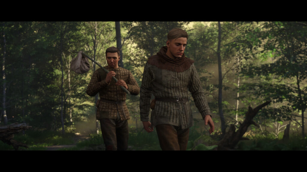 Heinrich und Hans wandern mit wenig Hab und Gut und sehr einfacher Kleidung durch den Wald.