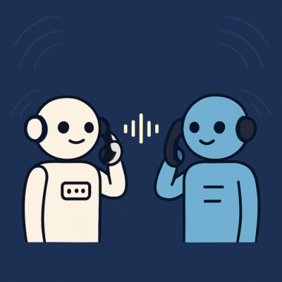 Zwei freundliche Roboter, einer in Off-White und einer in Hellblau, halten Telefonhörer an ihren Köpfen und kommunizieren miteinander. Zwischen ihnen sind stilisierte Schallwellen und Funklinien dargestellt, die den Austausch von Signalen symbolisieren. Der Hintergrund ist dunkelblau mit subtiler Textur.