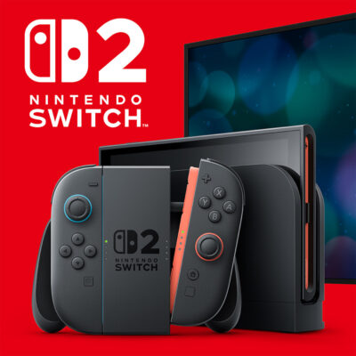 Die Nintendo Switch 2 mit Docking Station vor einem roten Hintergrund mit Logo.