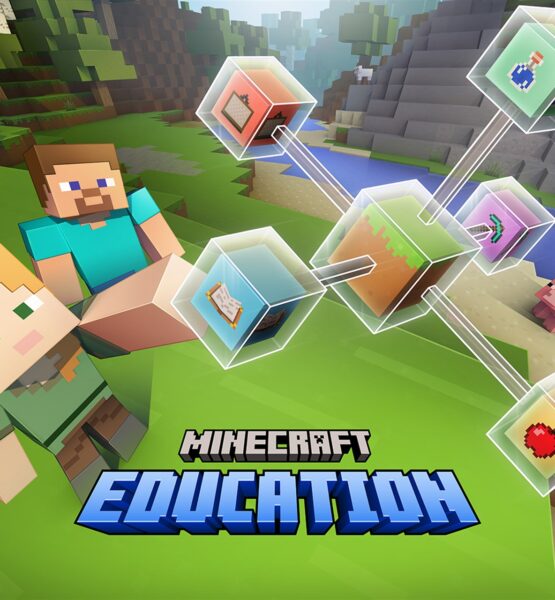 Zwei Minecraft-Charaktere sitzen auf einer Wiese in einer typischen blockartigen Landschaft mit Bäumen, Bergen und einem Fluss. Neben ihnen schweben transparente Würfel mit Symbolen für verschiedene Lerninhalte wie Bücher, ein Apfel, ein Trank und Werkzeuge. Im Hintergrund steht ein Schwein am Flussufer. Unten im Bild steht der Schriftzug „Minecraft Education“.