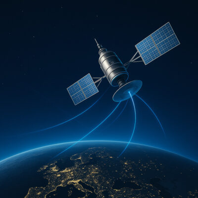 Illustration eines Kommunikationssatelliten im Orbit über der Erde bei Nacht, mit sichtbaren Stadtlichtern auf dem Planeten und blauen Datenstrahlen, die zwischen dem Satelliten und der Erde verlaufen. Der Sternenhimmel bildet den Hintergrund.