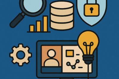 Illustration verschiedener digitaler Kompetenzen: Eine Lupe symbolisiert Recherche, ein Datenstapel mit Balkendiagramm steht für Datenkompetenz, ein Schild mit Schloss für Cybersicherheit, eine Glühbirne für digitale Kreativität und ein Bildschirm mit Videoanruf und Whiteboard für virtuelle Zusammenarbeit – alles im modernen Flat-Design vor blauem Hintergrund.
