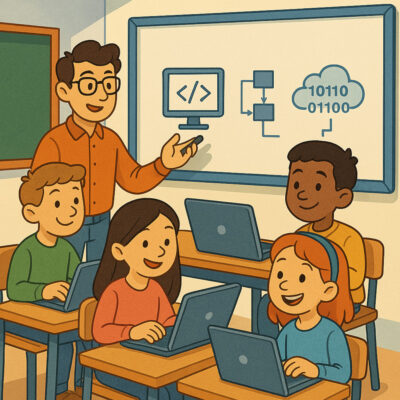 Vier Schüler*innen sitzen an Holztischen mit aufgeklappten Laptops und hören aufmerksam einem jungen Lehrer im orangefarbenen Pullover zu. Er steht vor einem Whiteboard mit Diagrammen und Codesymbolen.