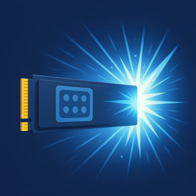 Illustration einer M.2 NVMe-SSD vor einem dunkelblauen Hintergrund, aus deren rechtem Ende kraftvolle, blaue Lichtstrahlen in alle Richtungen strahlen – symbolisch für hohe Geschwindigkeit und Leistung.